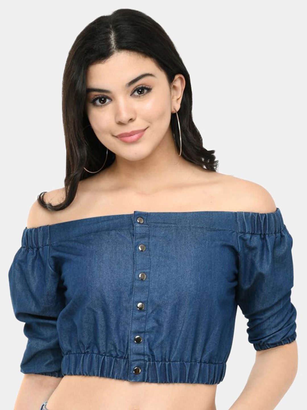 

SAAKAA Off-Shoulder Denim Bardot Crop Top, Blue