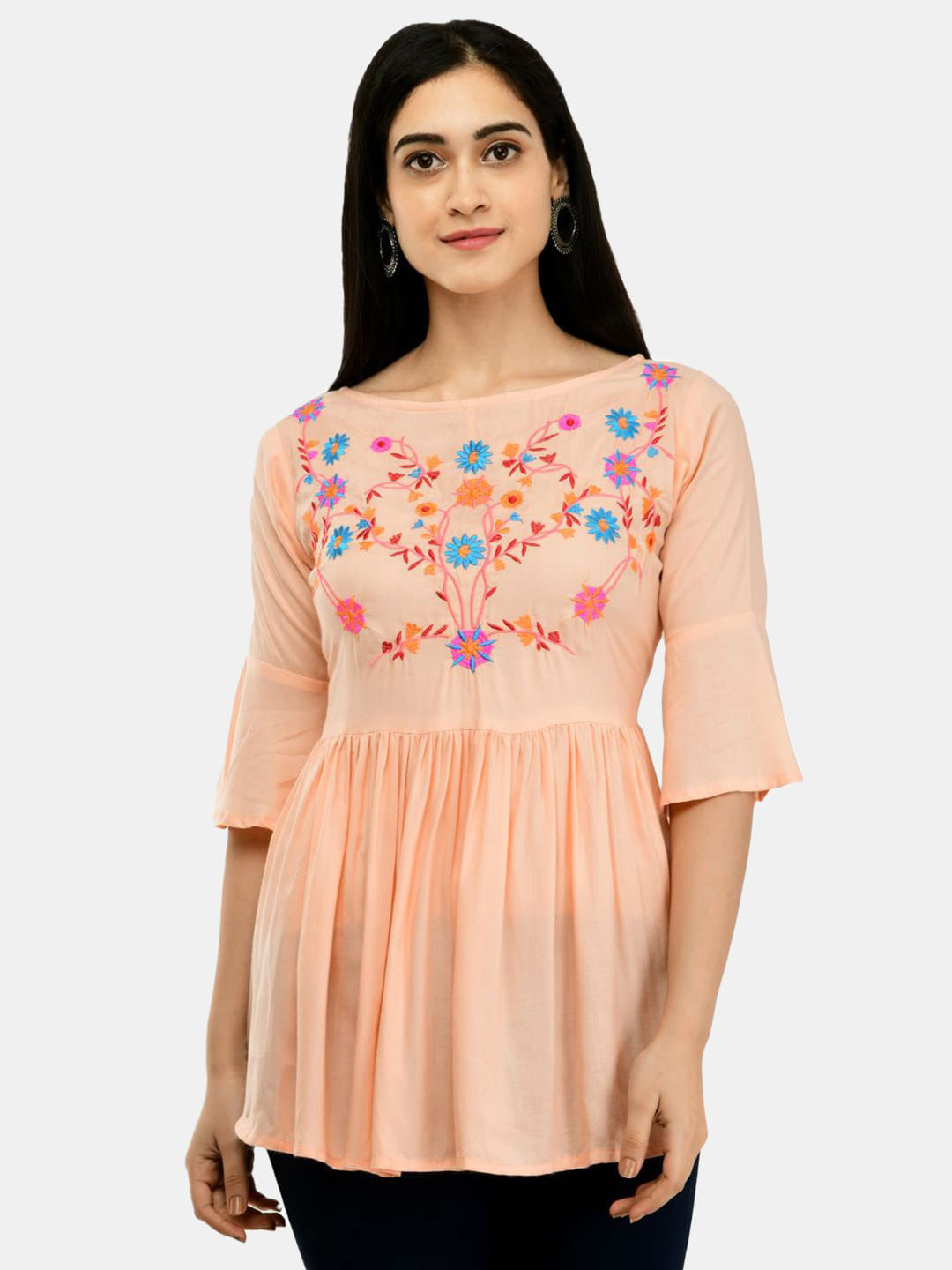 

SAAKAA Floral Embroidered Peplum Top, Peach