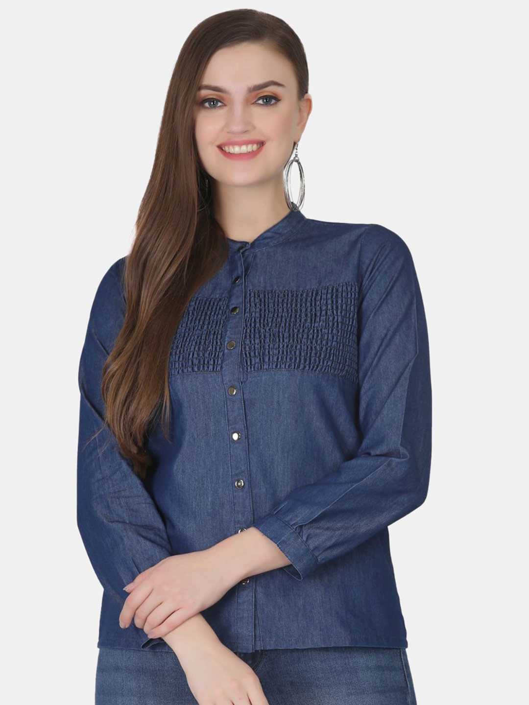 

SAAKAA Mandarin Collar Smocked Denim Shirt Style Top, Blue