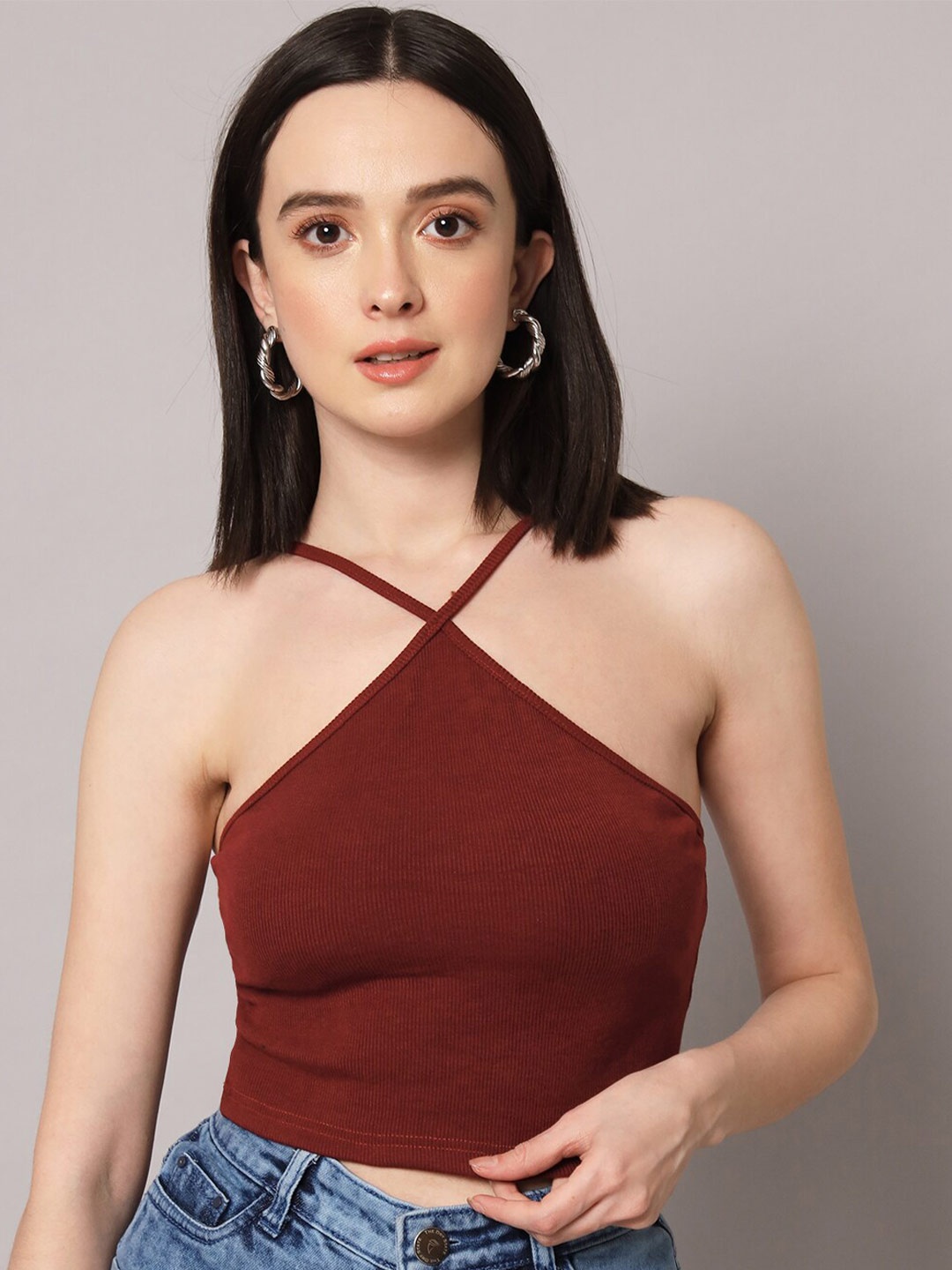 

AAHWAN Halter Neck Crop Top, Maroon