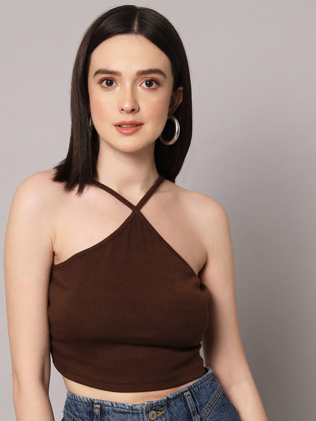

AAHWAN Sleeveless Halter Neck Crop Top, Brown