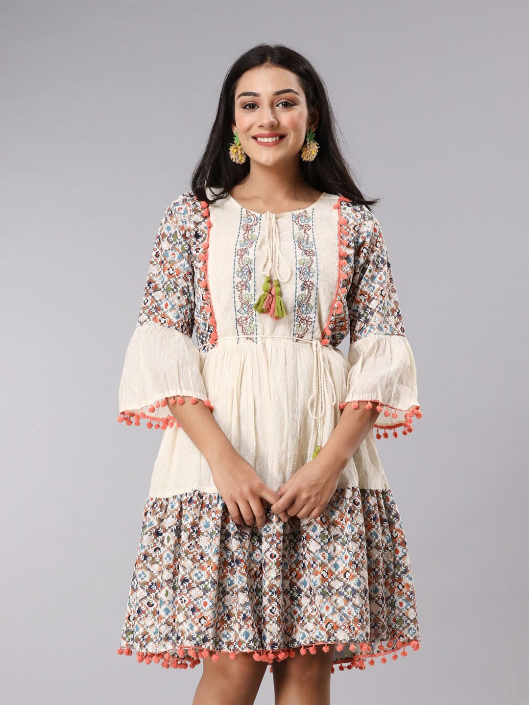 

FASHION DWAR Floral Tie-Up Neck Pure Cotton Dress, Cream