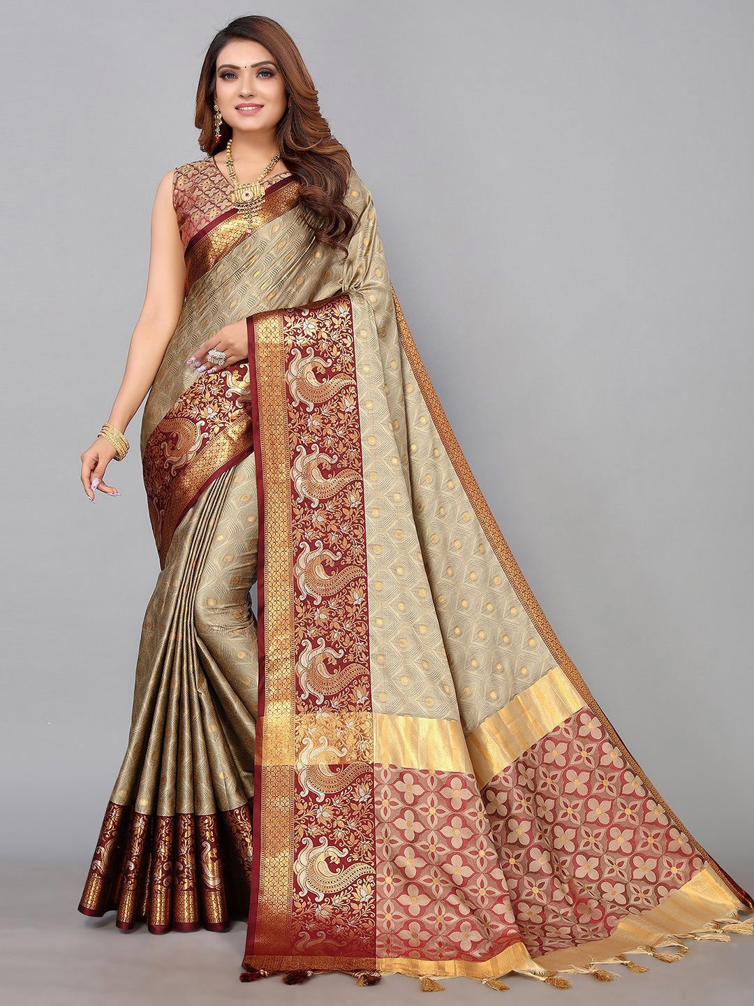 

Mitera Ethnic Motifs Woven Design Zari Banarasi Saree, Beige