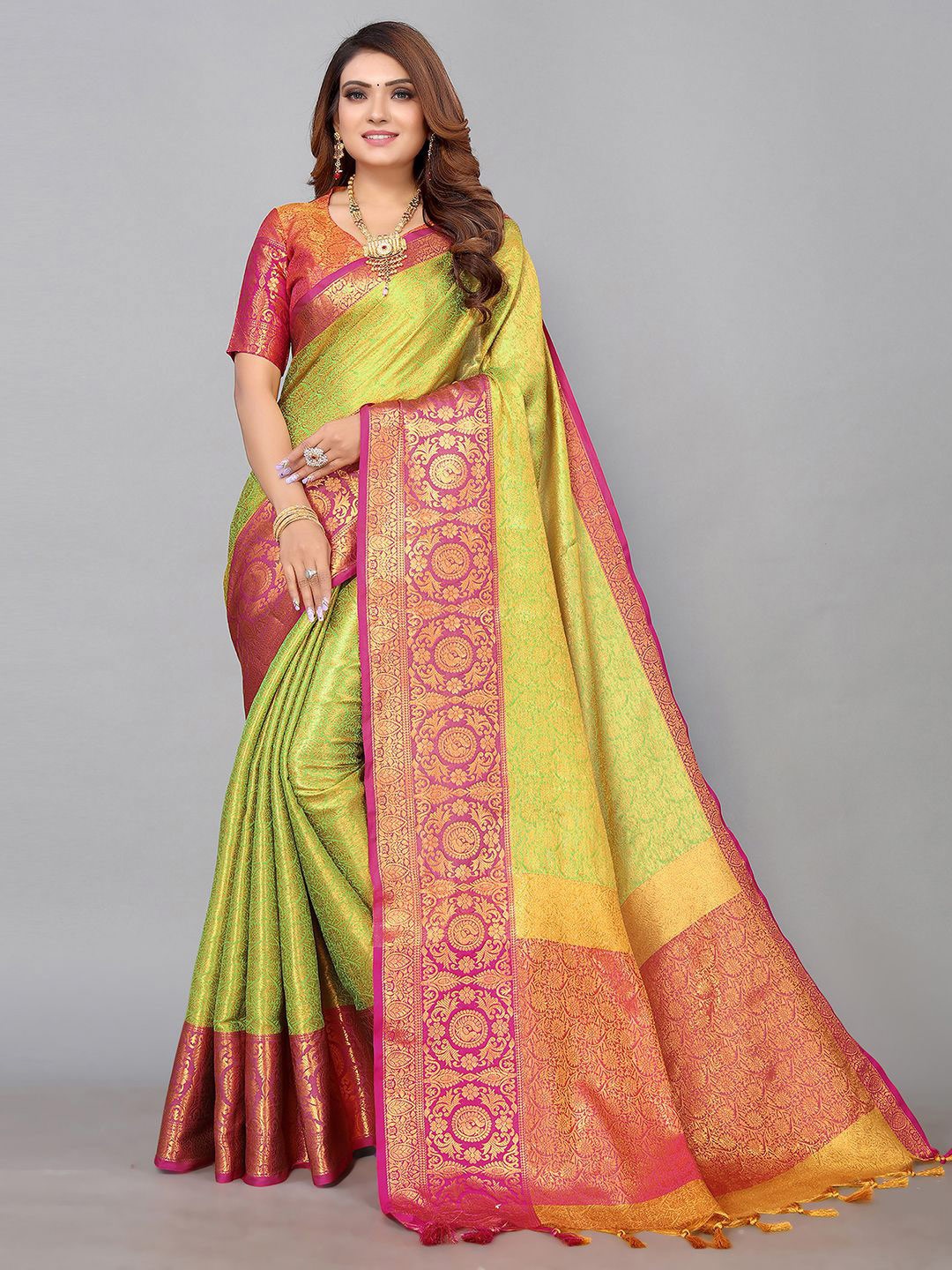 

Mitera Woven Design Zari Silk Cotton Banarasi Saree, Green