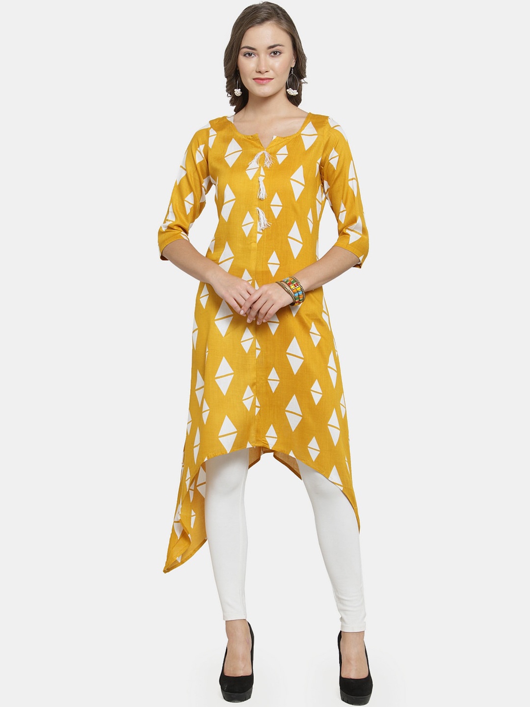 

Enchanted Drapes Women Geometric Printed Asymmetric Kurta, Mustard