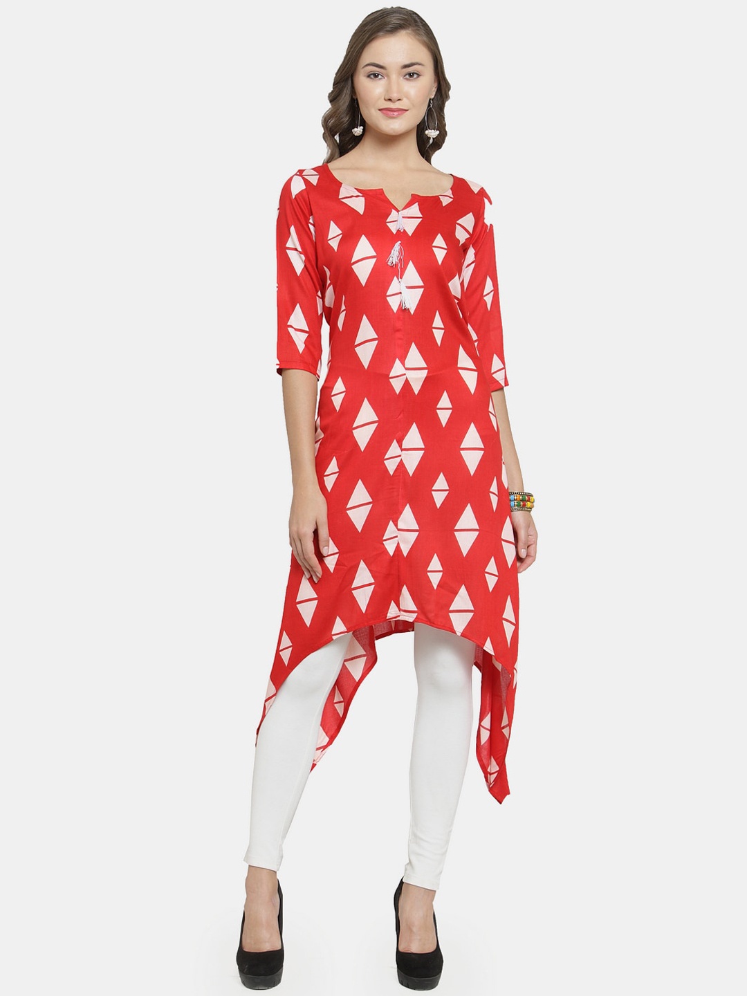 

Enchanted Drapes Women Geometric Printed Notch Neck Kurta, Red