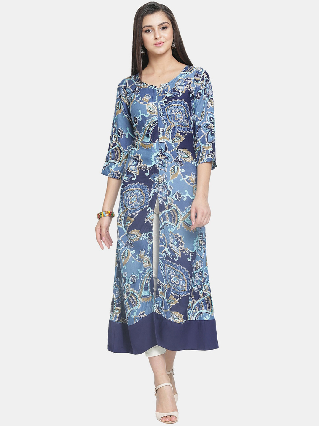 

Enchanted Drapes Women Ethnic Motifs Printed A-Line Notch Neck Kurta, Blue