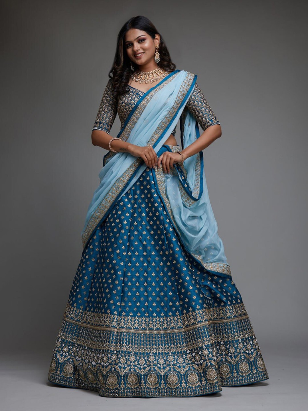 

RIVAMA Embroidered Thread Work Semi-Stitched Lehenga & Blouse With Dupatta, Blue