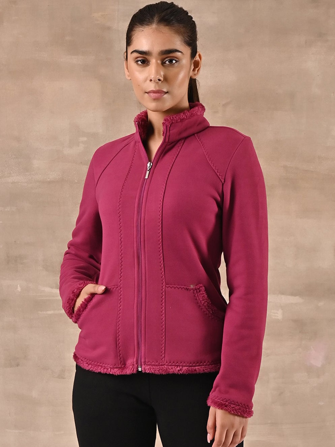 Lakshita Women Mock Collar Faux Fur Trim Outdoor Sporty Jacket, Pink