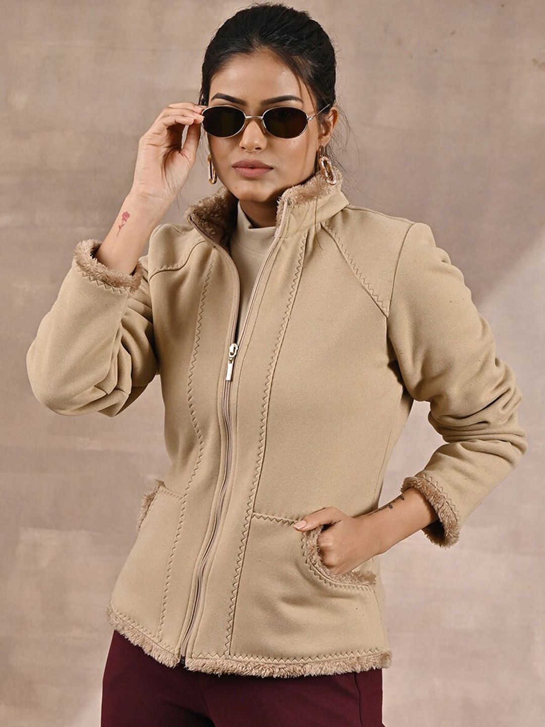 

Lakshita Women Tailored Jacket With Sherpa Fur, Beige