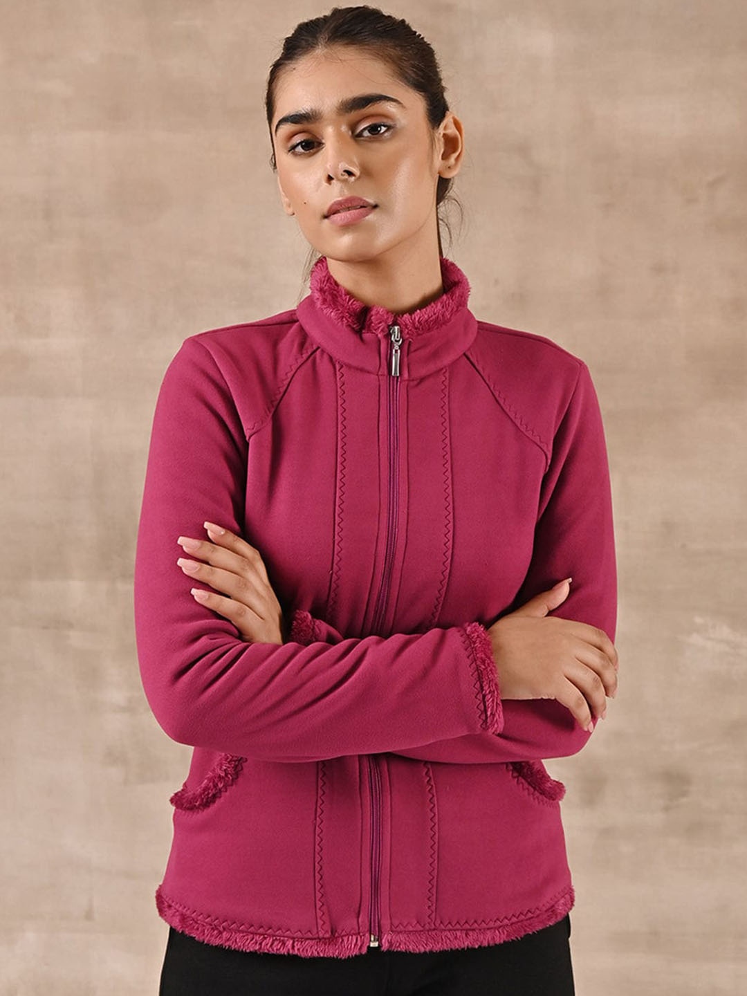 

Lakshita Women Plus Size Mock Collar Faux Fur Trim Outdoor Sporty Jacket, Pink