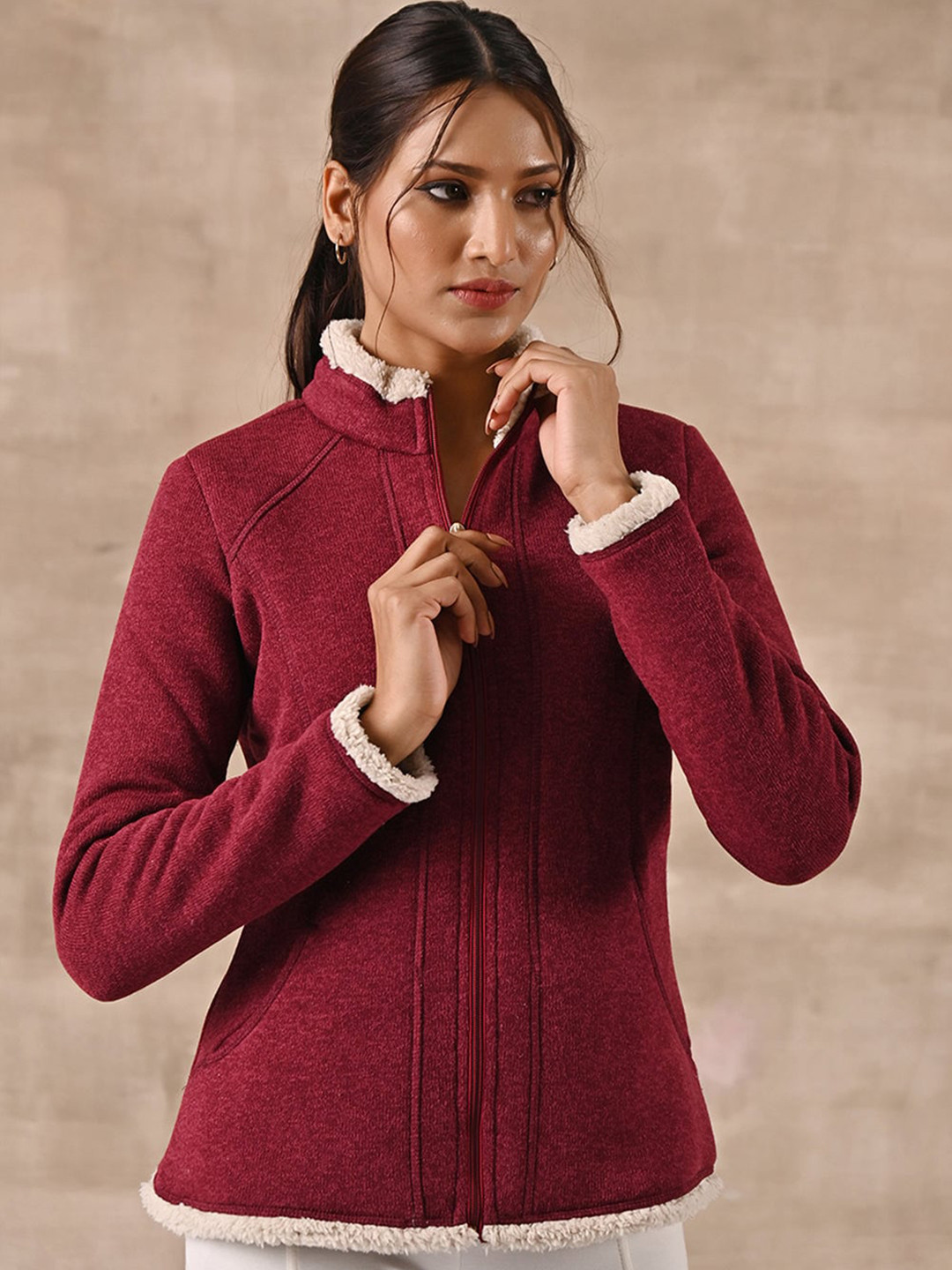 

Lakshita Women Tailored Jacket With Fur Details, Maroon