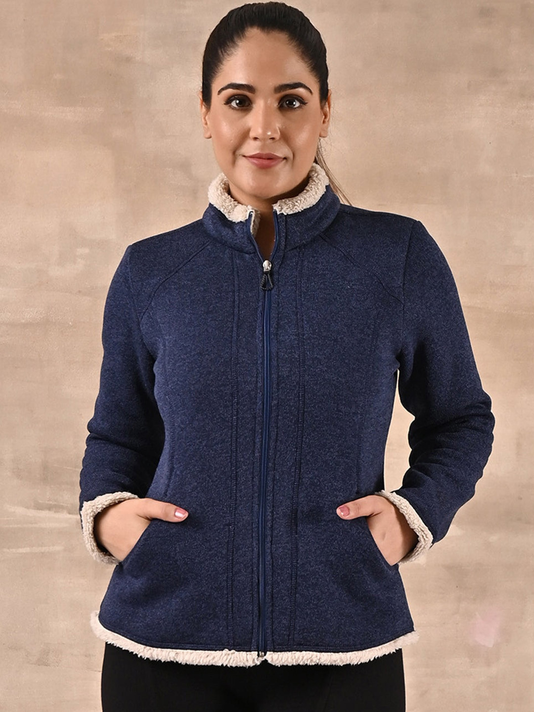 

Lakshita Women Plus Size Stand Collar Fleece Tailored Jacket, Blue
