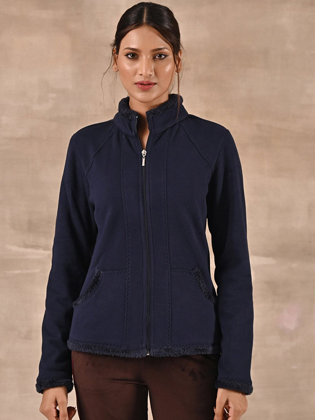 

Lakshita Women Plus Size Stand Collar Tailored Jacket With Fur Details, Navy blue