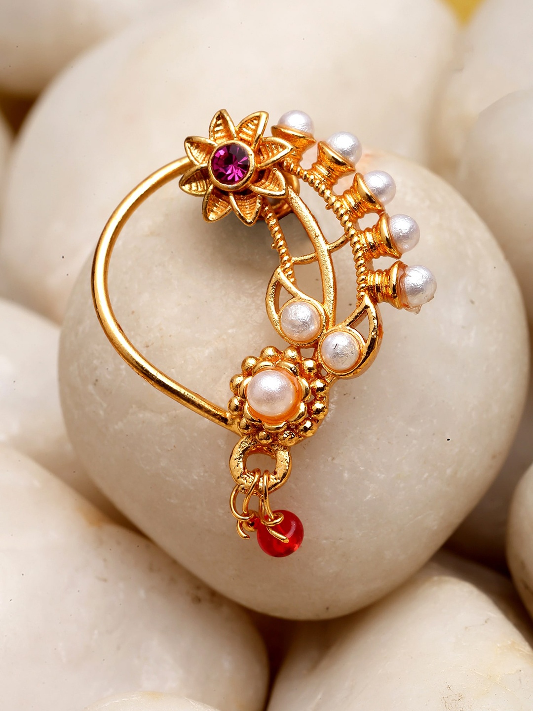 

KARATCART Gold-Plated Stone Studded Beaded Clip-On Nose Ring, White