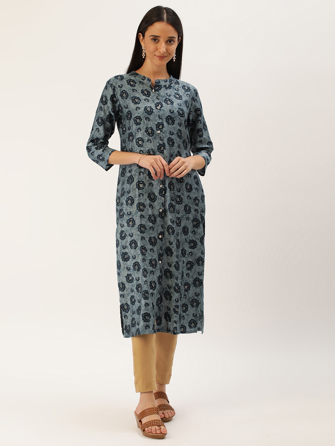 

SWAGG INDIA Ethnic Motifs Printed Floral Straight Kurta, Blue