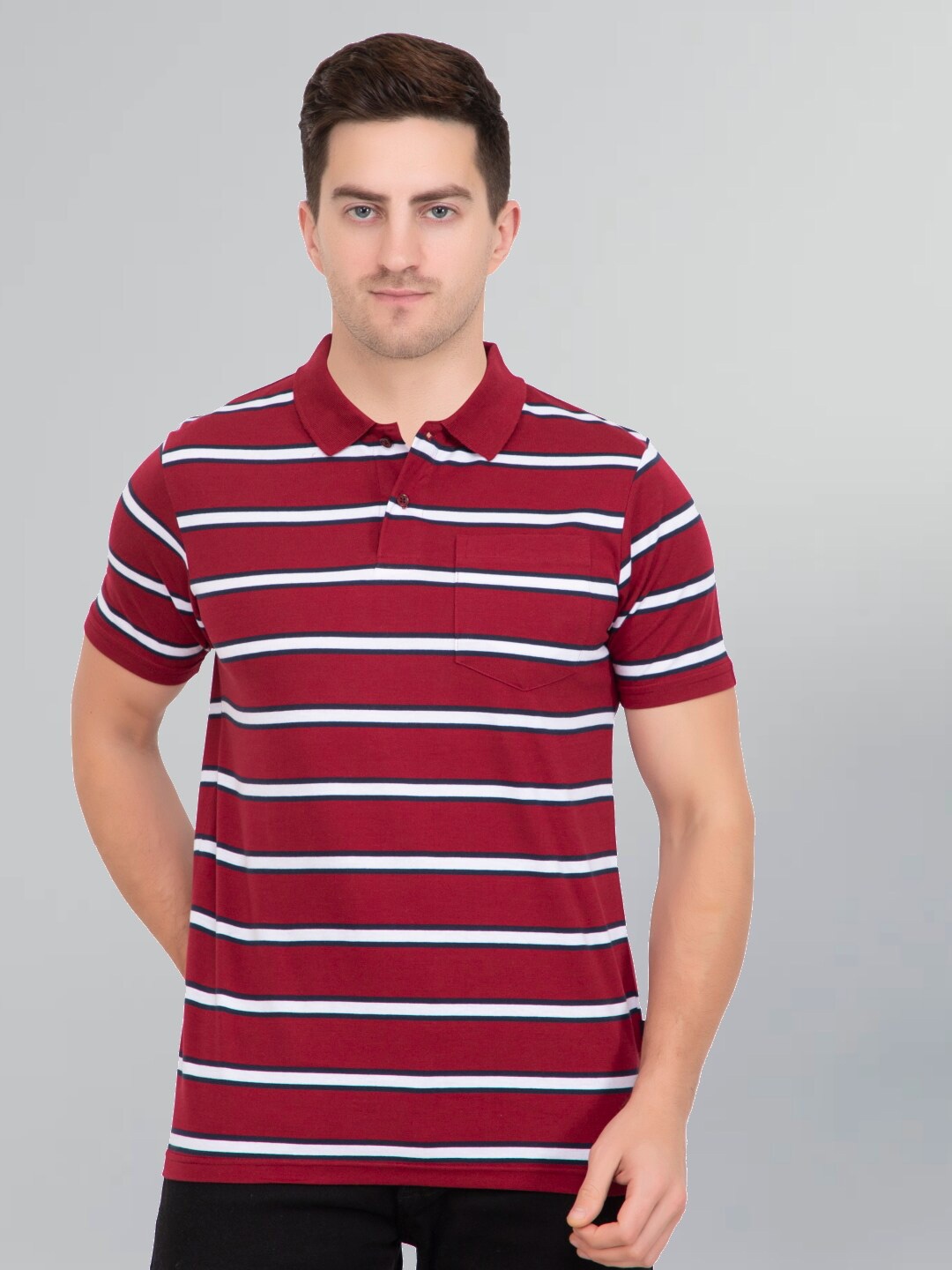 

GODFREY Men Striped Polo Collar Cotton T-shirt, Maroon