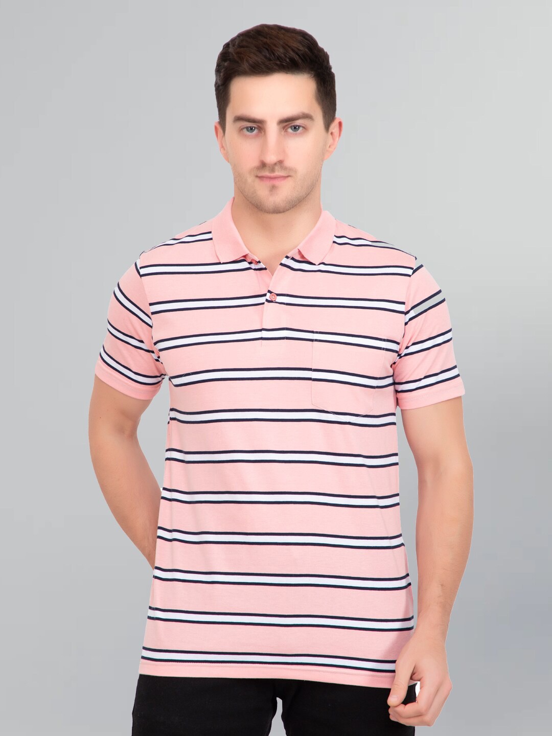 

GODFREY Men Striped Polo Collar T-shirt, Pink