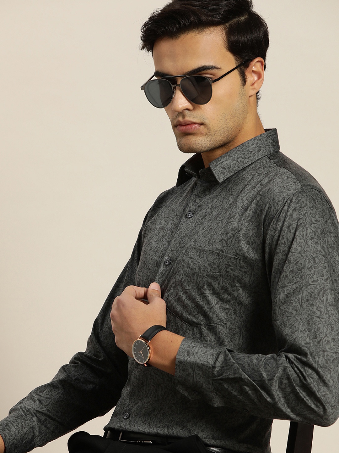 

Hancock Club Slim Fit Floral Printed Pure Cotton Party Shirt, Grey