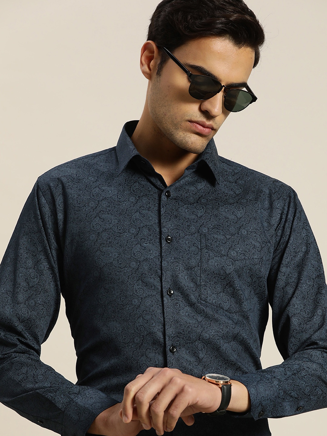 

Hancock Club Slim Fit Paisley Printed Pure Cotton Party Shirt, Navy blue