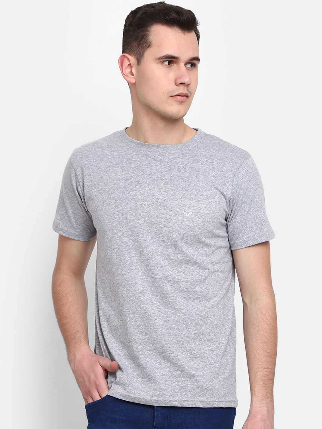 

V-Mart Men Slim Fit Round Neck Cotton T-shirt, Grey melange