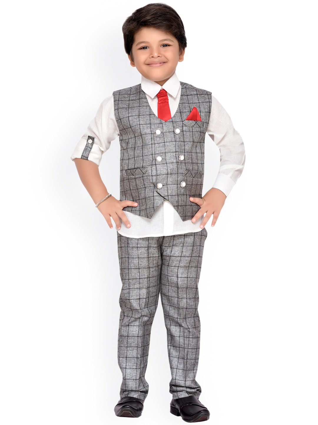 

Aj DEZInES Boys Grey & White Double-Breasted Checked Regular Fit Party Waistcoat Suit