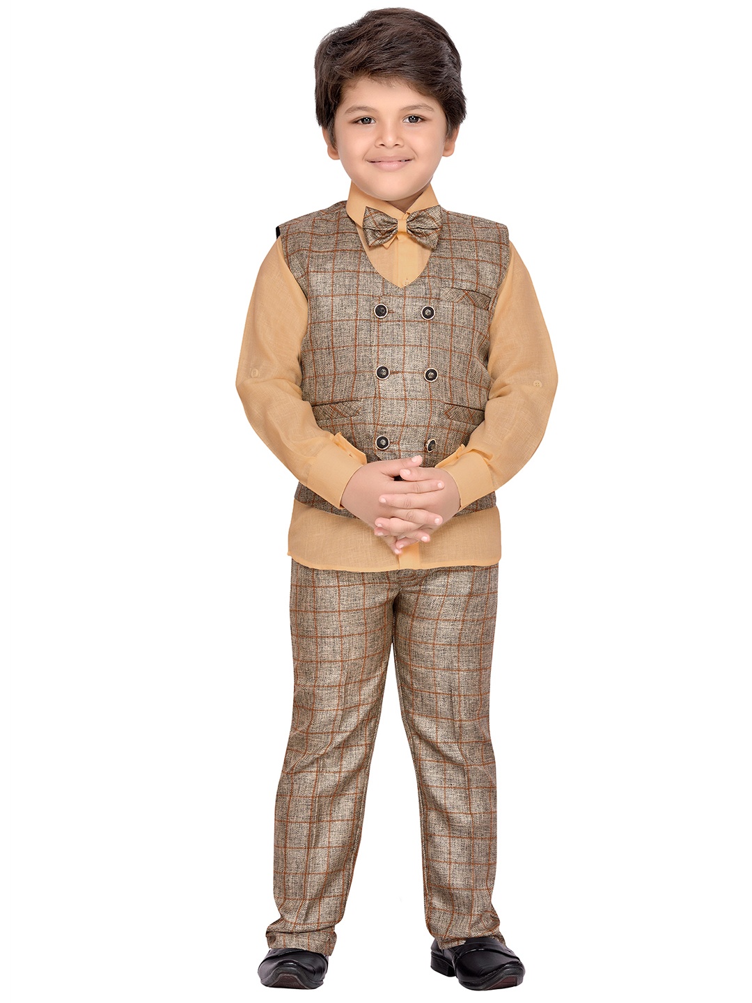 

Aj DEZInES Boys Brown & White Double-Breasted Checked Regular Fit Party Waistcoat Suit