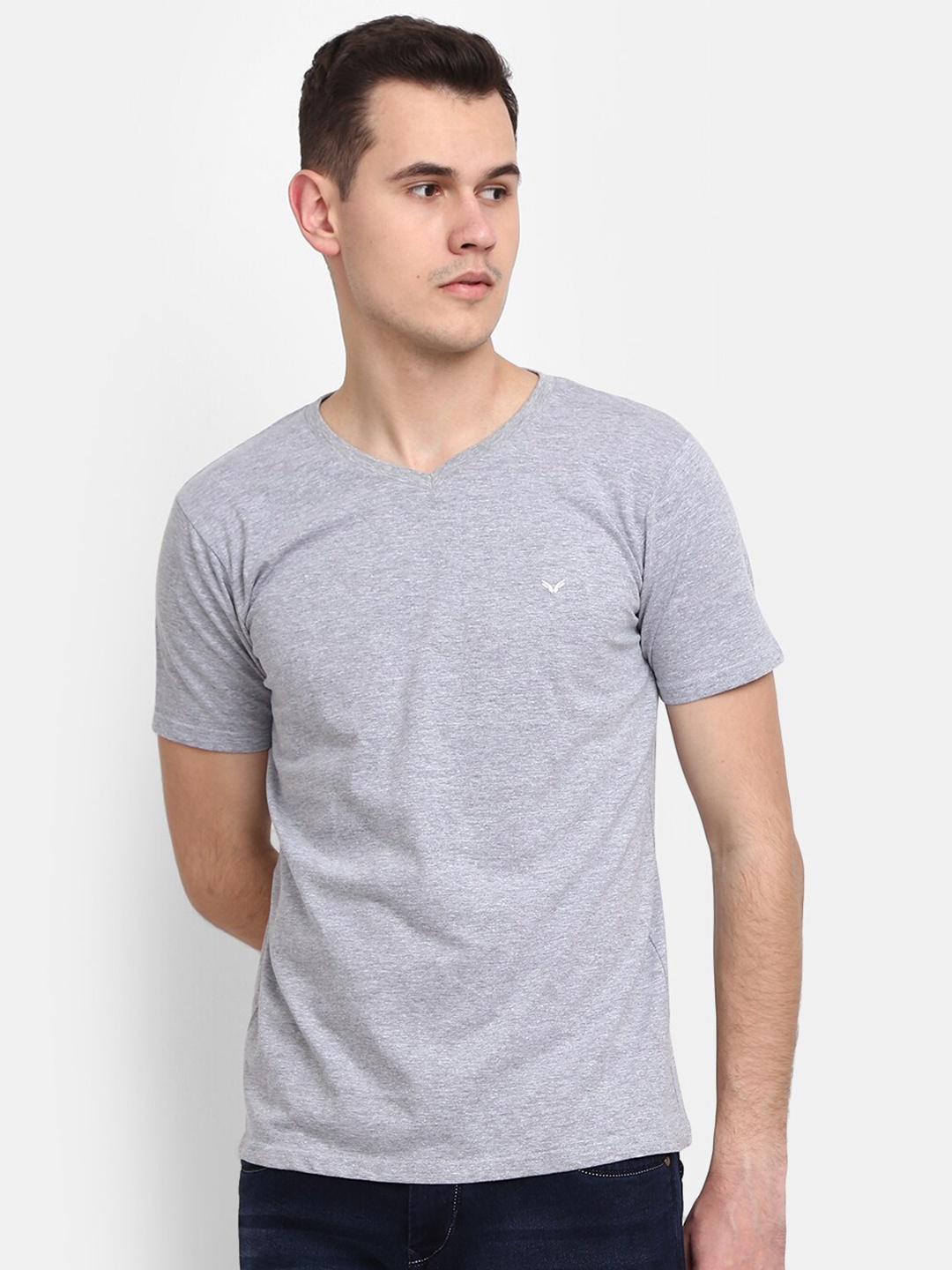 

V-Mart Men V-Neck Slim Fit Cotton T-shirt, Grey melange