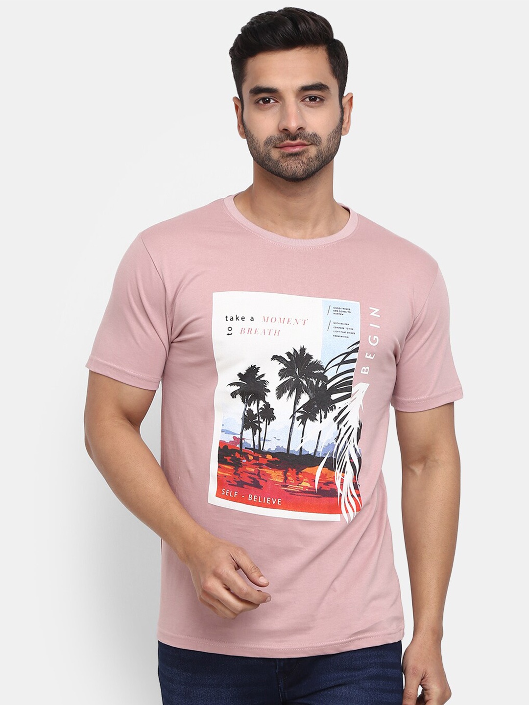 

V-Mart Tropical Printed Round Neck Cotton Slim Fit T-shirt, Pink