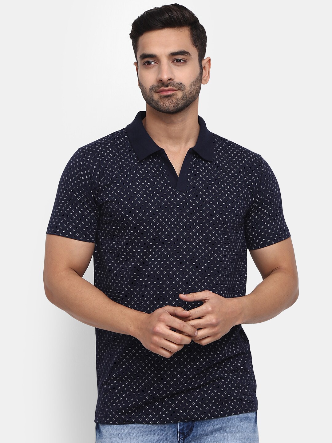 

V-Mart Men Printed Polo Collar Slim Fit Cotton T-shirt, Navy blue