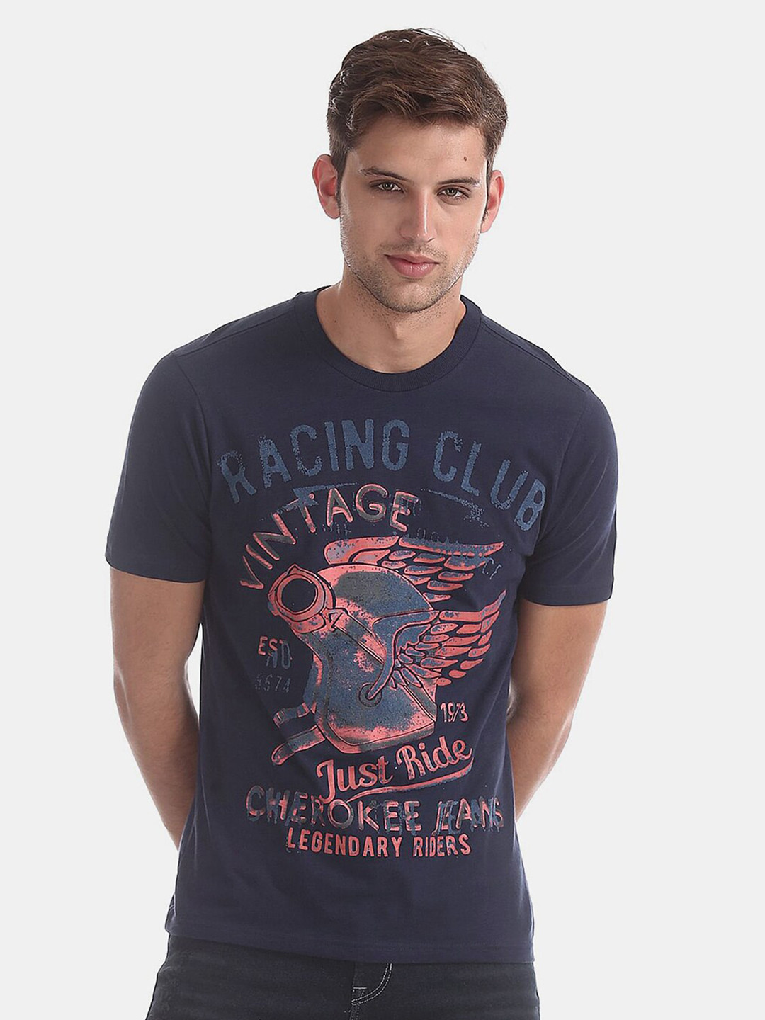 

V-Mart Men Typography Printed Cotton T-shirt, Navy blue