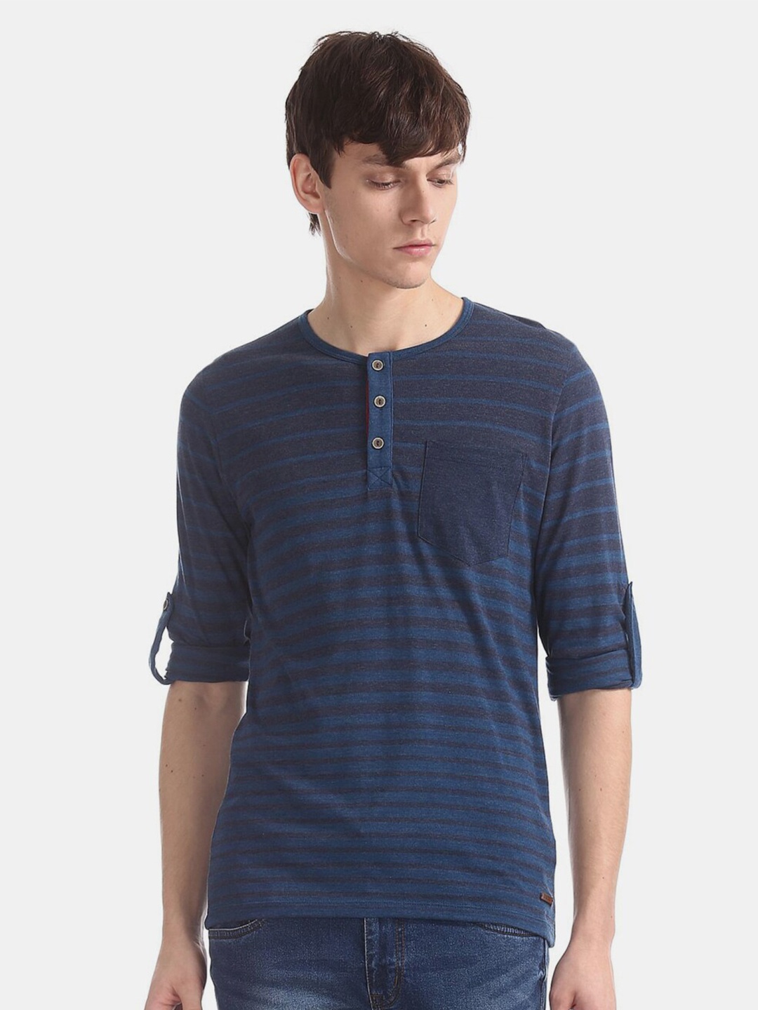 

V-Mart Men Striped Henley Neck Cotton T-shirt, Blue