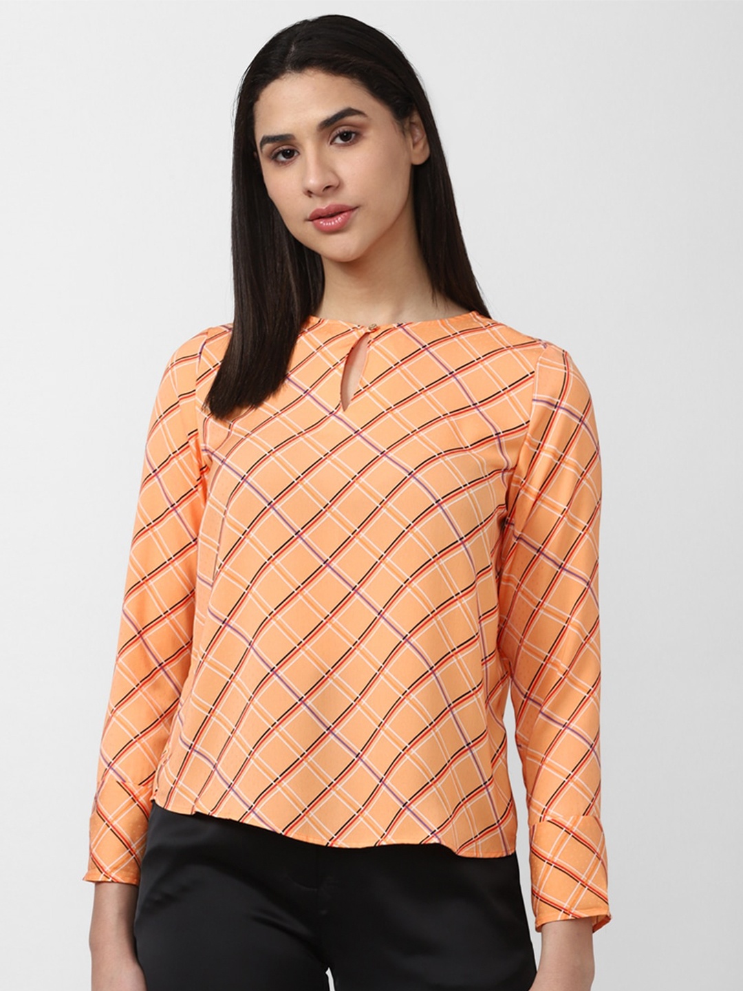 

Van Heusen Woman Checked Print Keyhole Neck Top, Orange