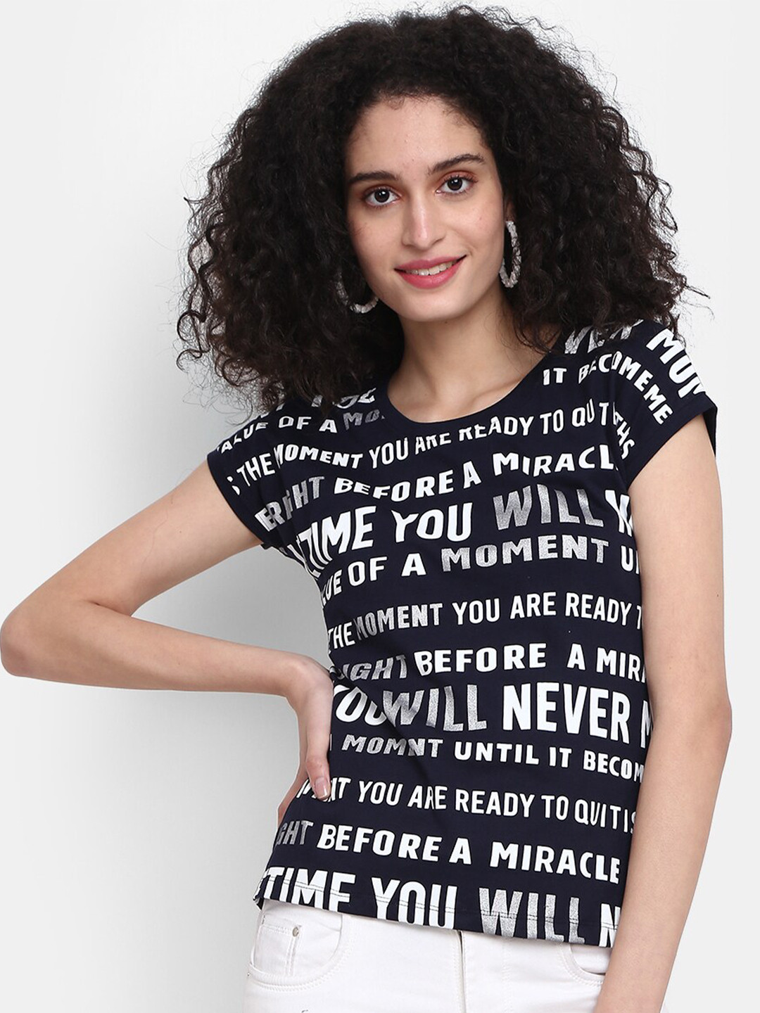 

V-Mart Women Typography Printed Cap Sleeves Cotton T-shirt, Navy blue