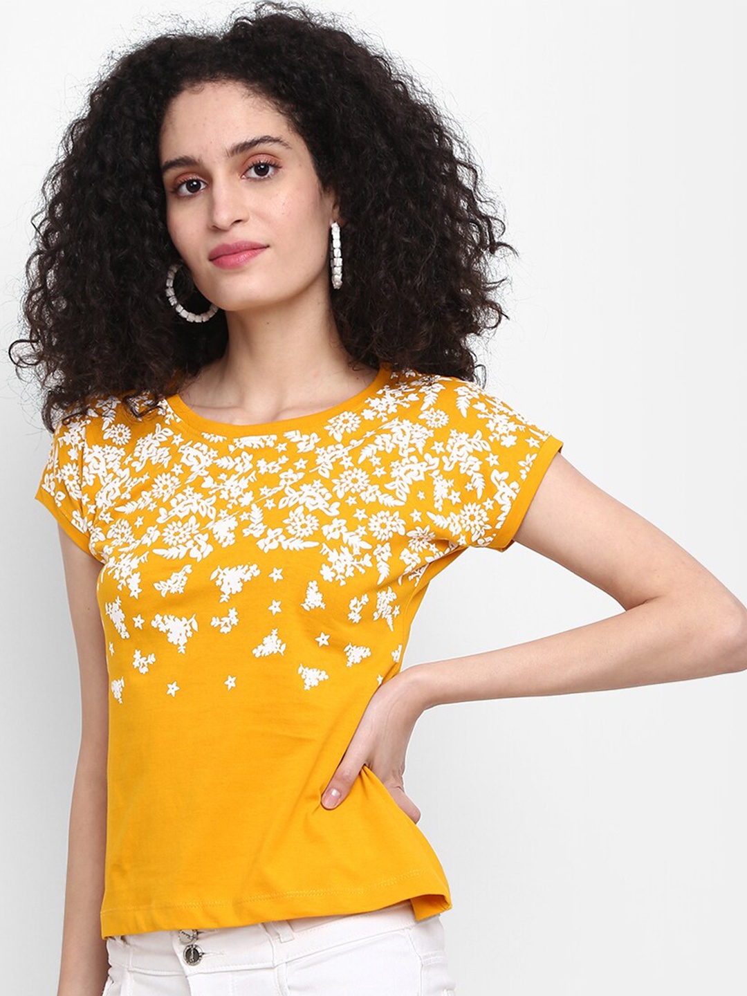 

V-Mart Women Floral Printed Extended Sleeves Cotton T-shirt, Yellow