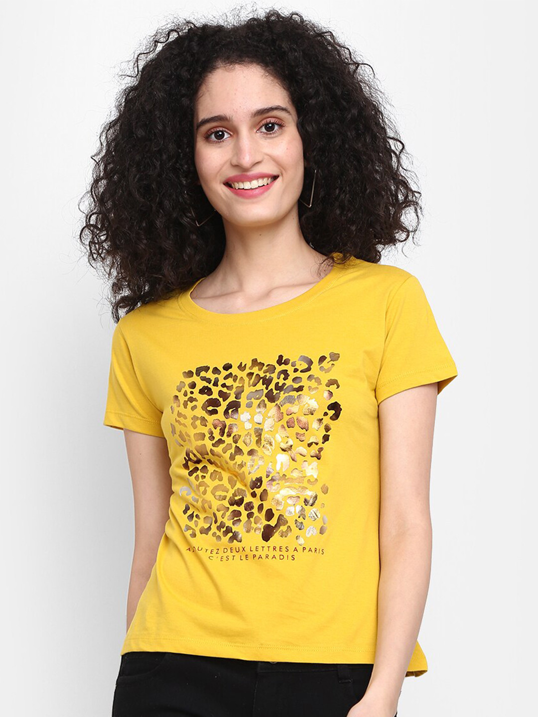 

V-Mart Women Abstract Printed Round Neck Cotton T-shirt, Mustard