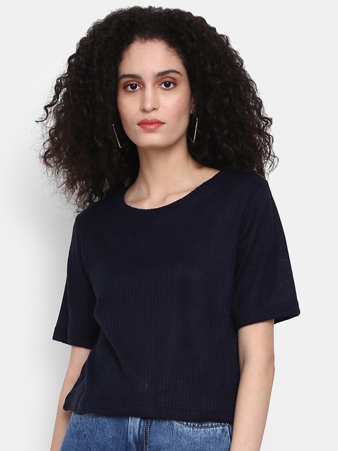 

V-Mart Women Round Neck Loose Fit Cotton T-shirt, Navy blue