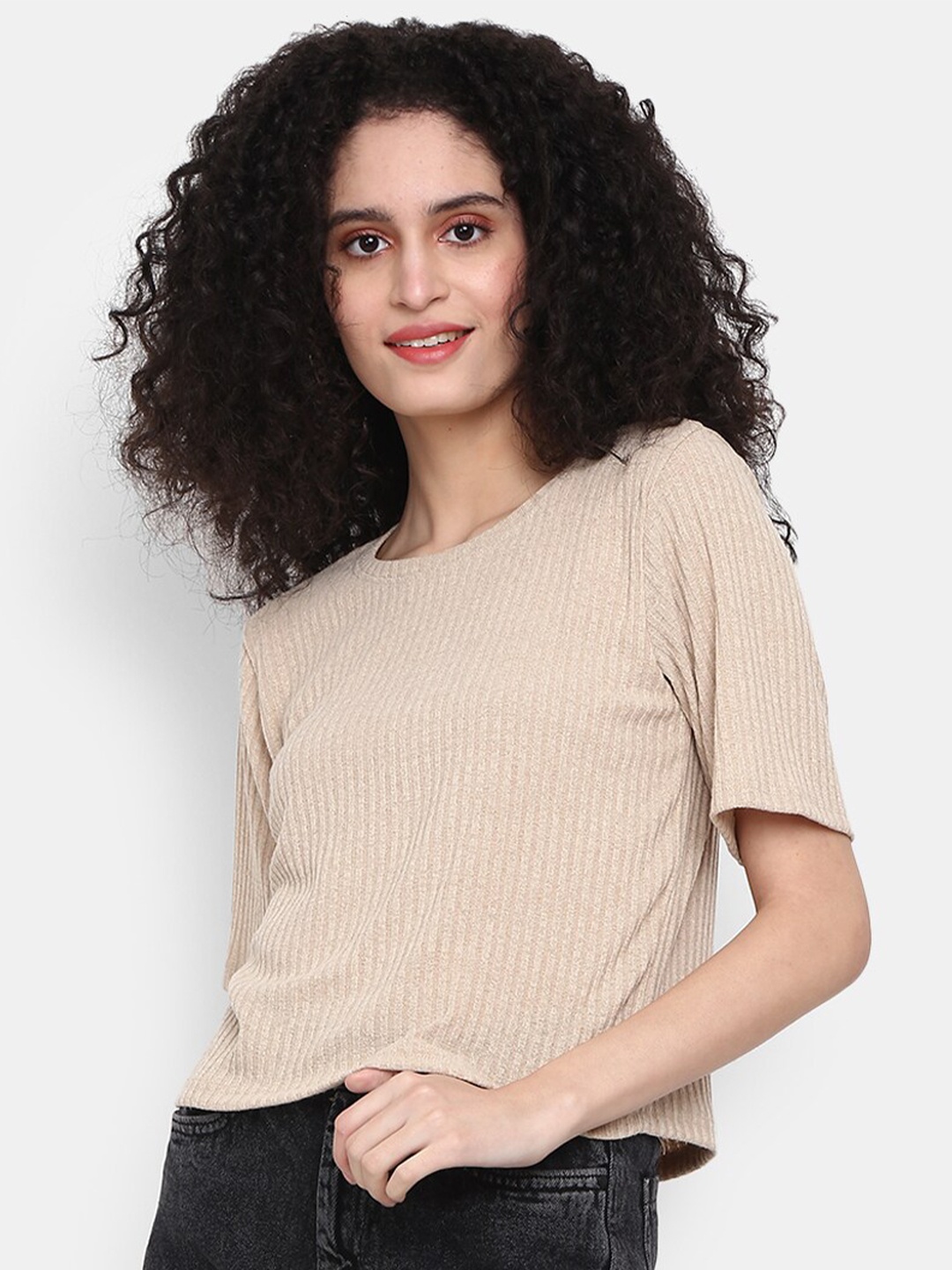 

V-Mart Women Textured Round Neck Cotton T-shirt, Beige