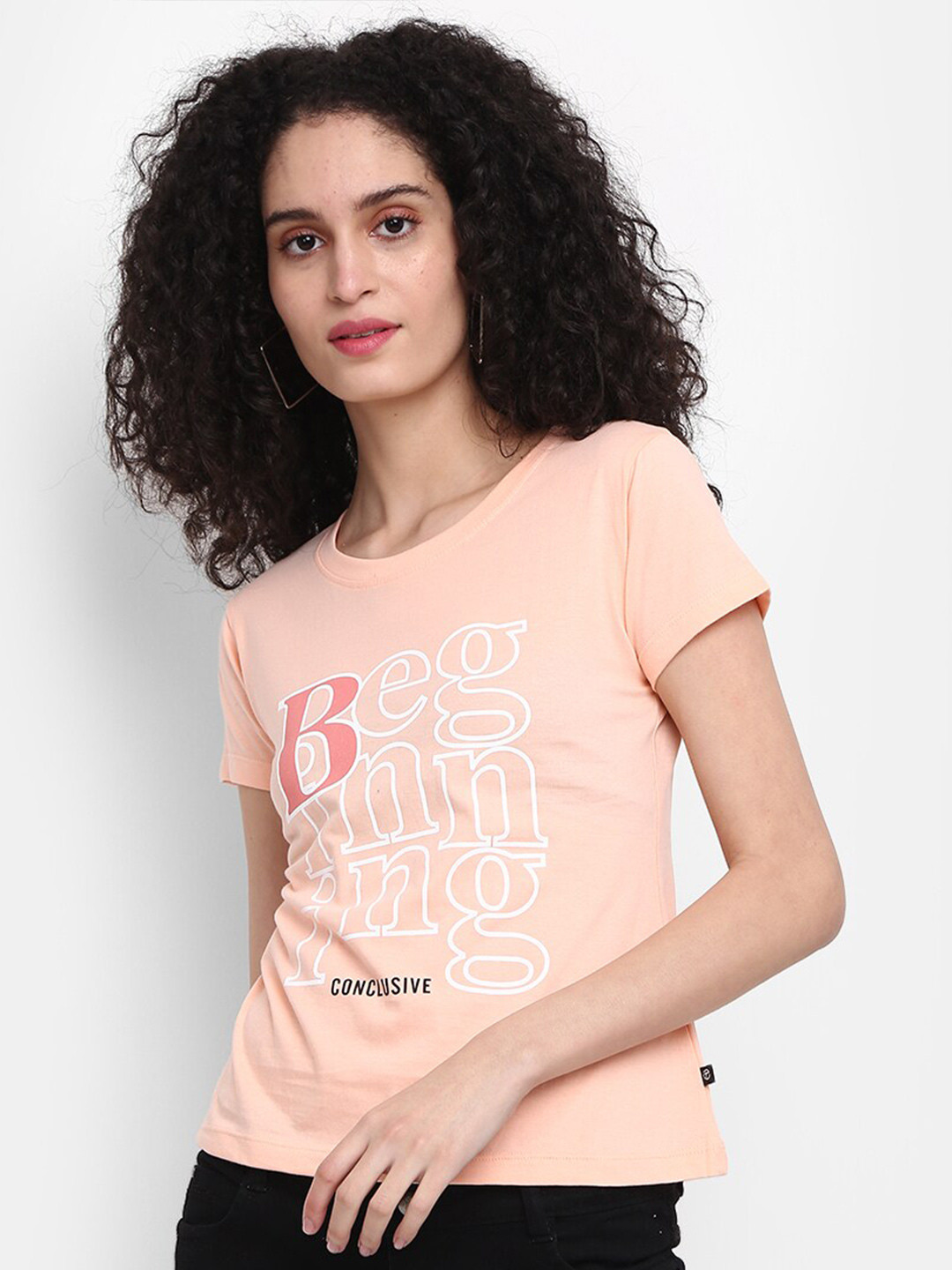 

V-Mart Women Typography Printed Cotton Crop T-shirt, Peach