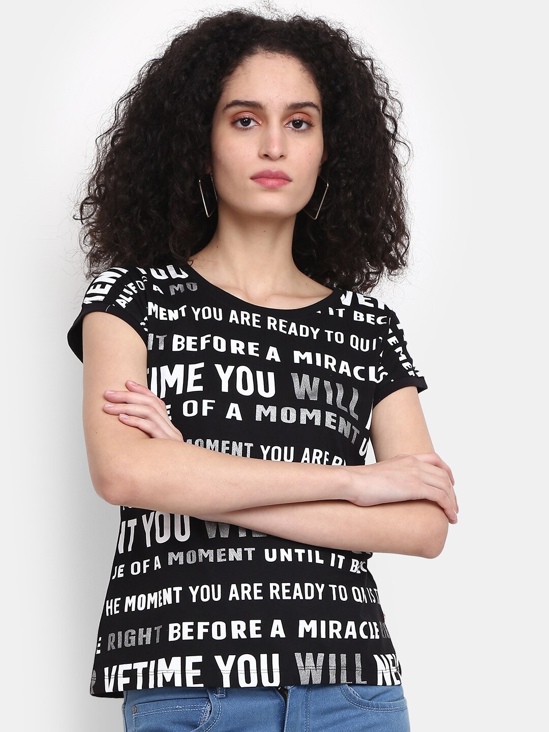 

V-Mart Women Typography Printed Cotton T-shirt, Black