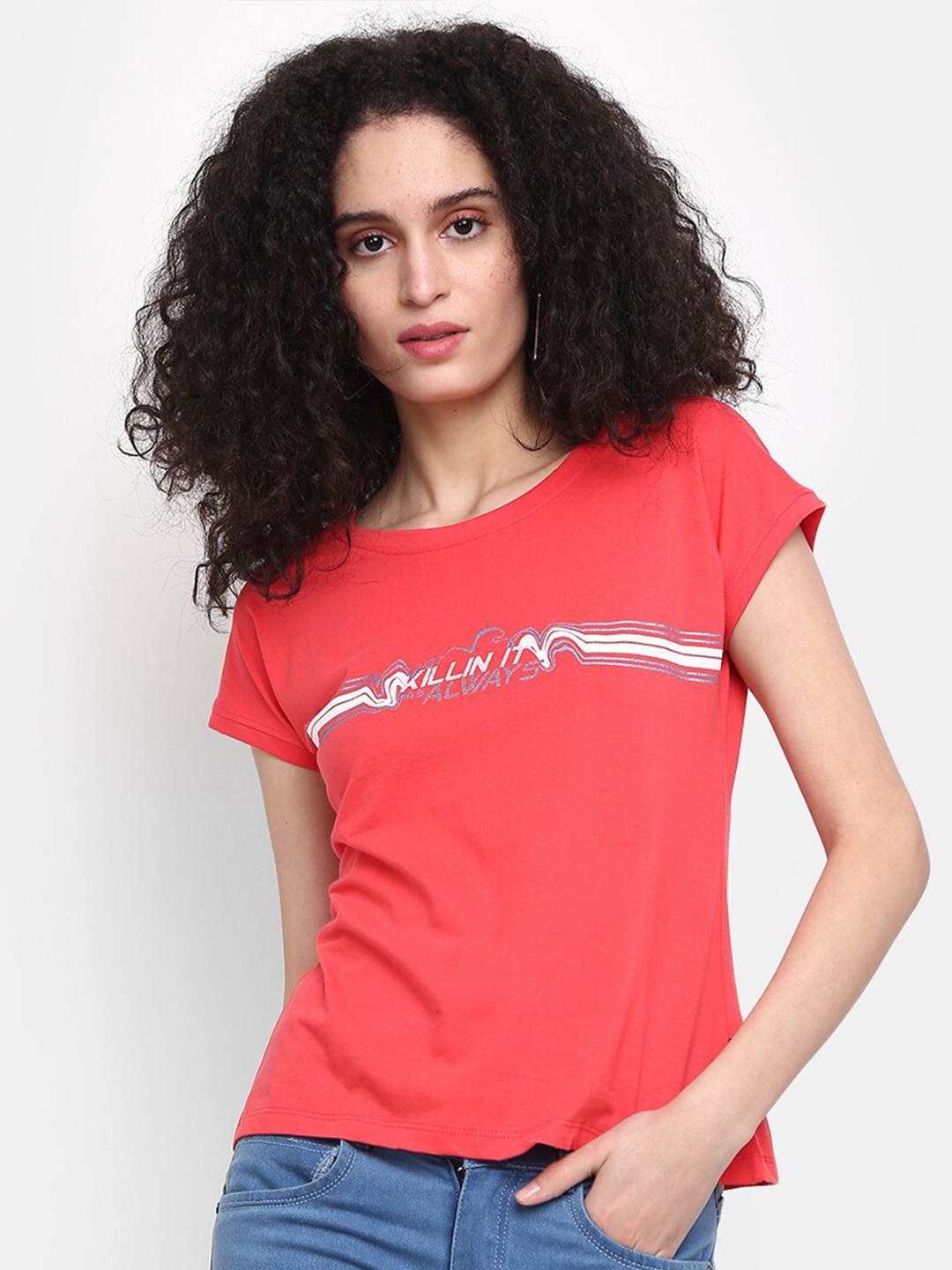 

V-Mart Women Typography Printed Cotton T-shirt, Red