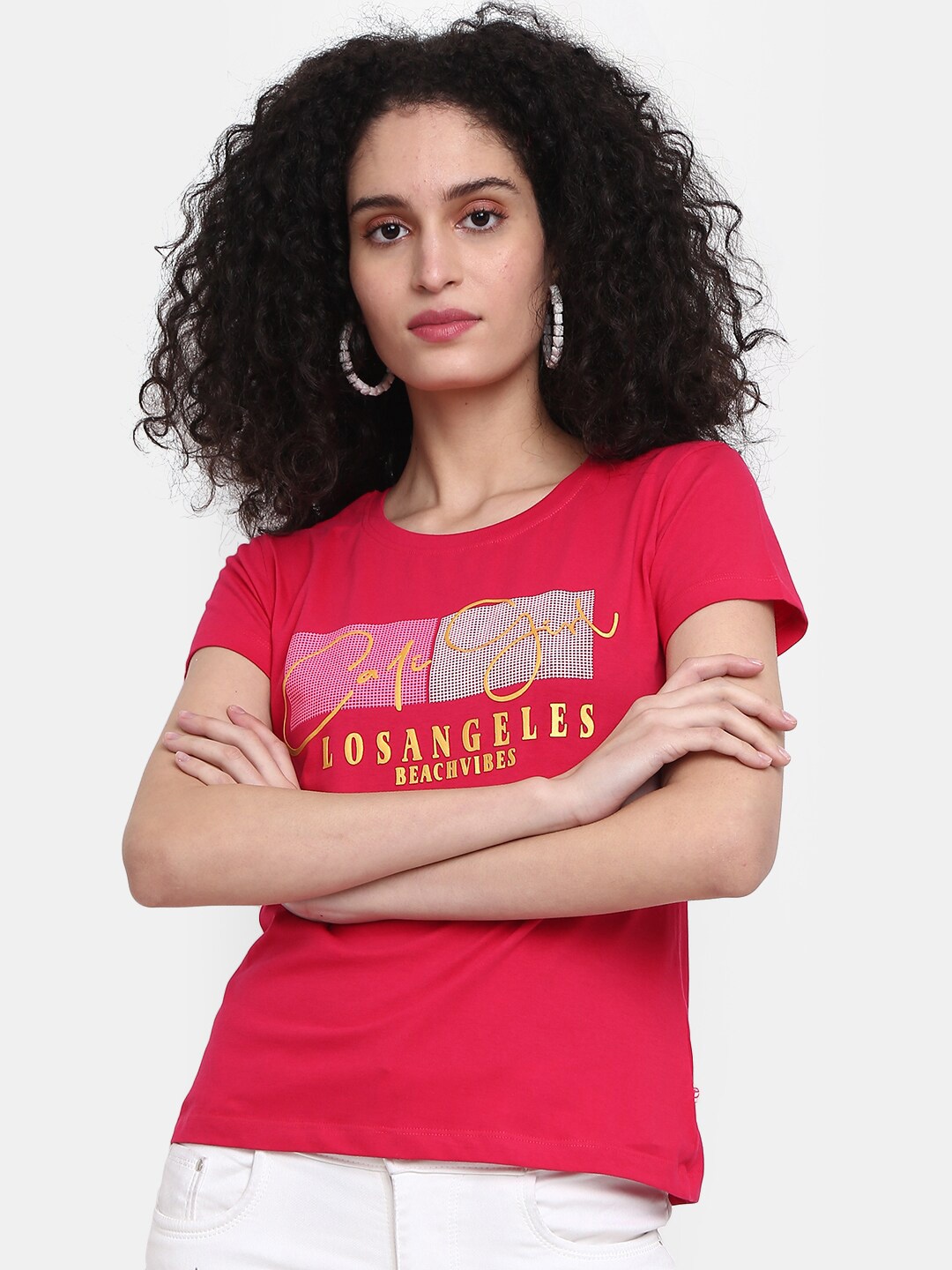 

V-Mart Women Typography Printed Cotton T-shirt, Fuchsia