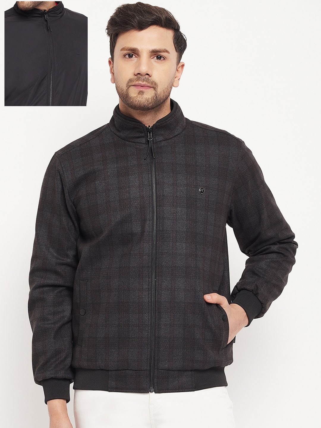 

Okane Men Plus Size Checked Reversible Bomber Jacket, Black