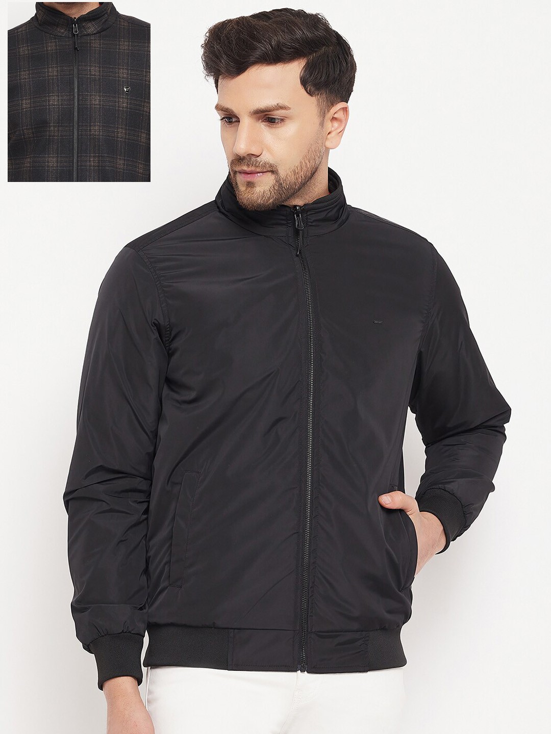 

Okane Men Plus Size Checked Reversible Bomber Jacket, Black