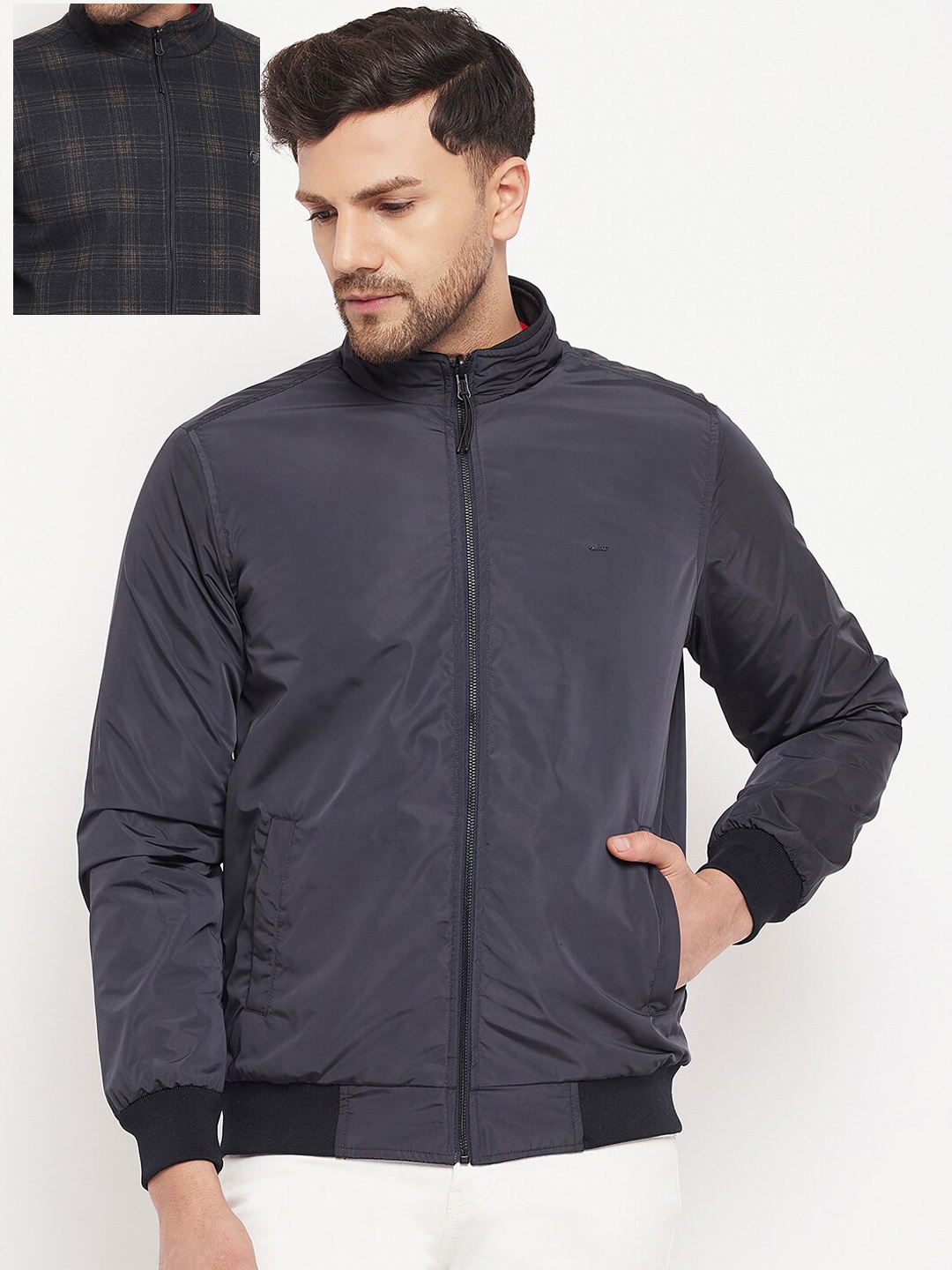 

Okane Men Checked Reversible Wool Bomber Jacket, Navy blue