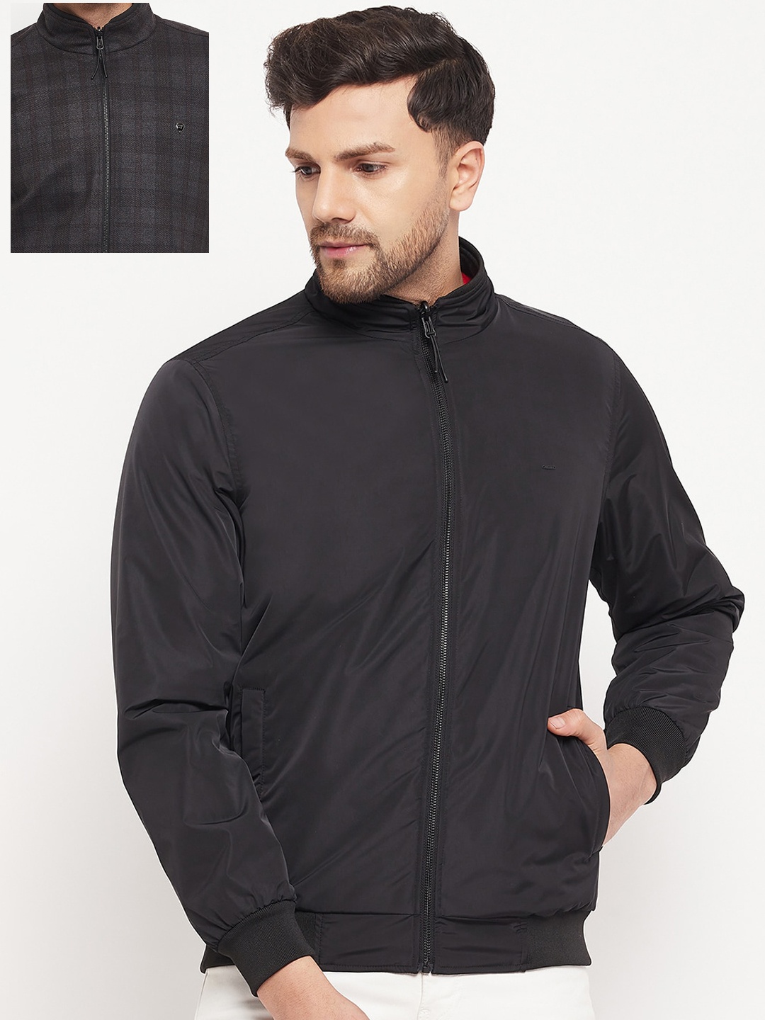 

Okane Men Checked Reversible Wool Bomber Jacket, Black
