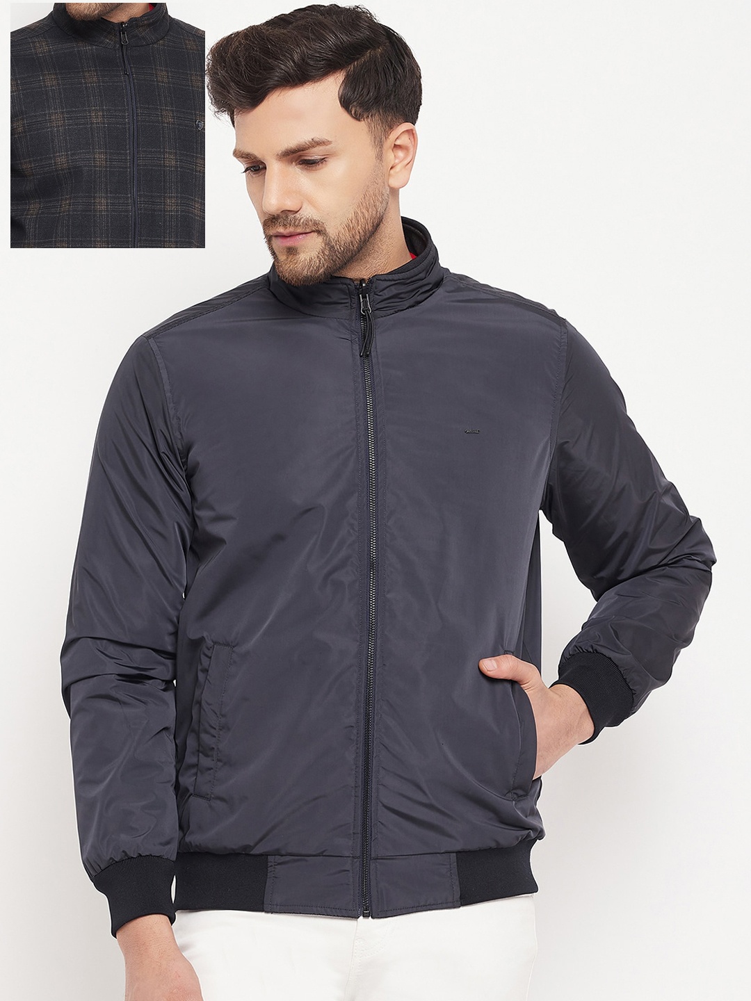 

Okane Men Checked Reversible Wool Bomber Jacket, Navy blue