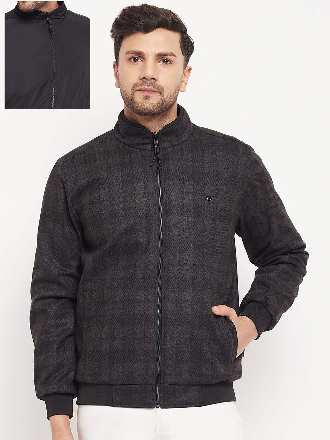 

Okane Men Checked Reversible Wool Bomber Jacket, Black