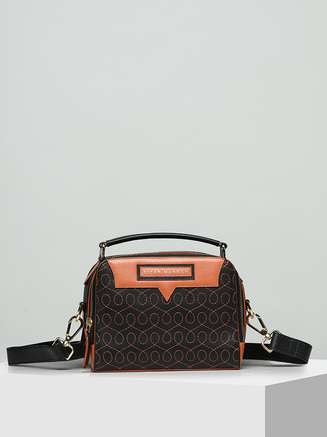 

TIGER MARRON Geometric Embroidered Leather Structured Satchel, Black