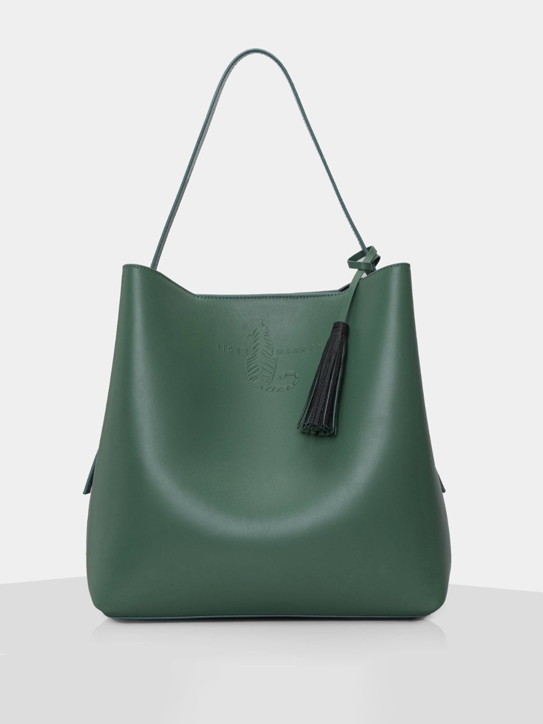 

TIGER MARRON Leather Shopper Hobo Bag with Tasselled, Green